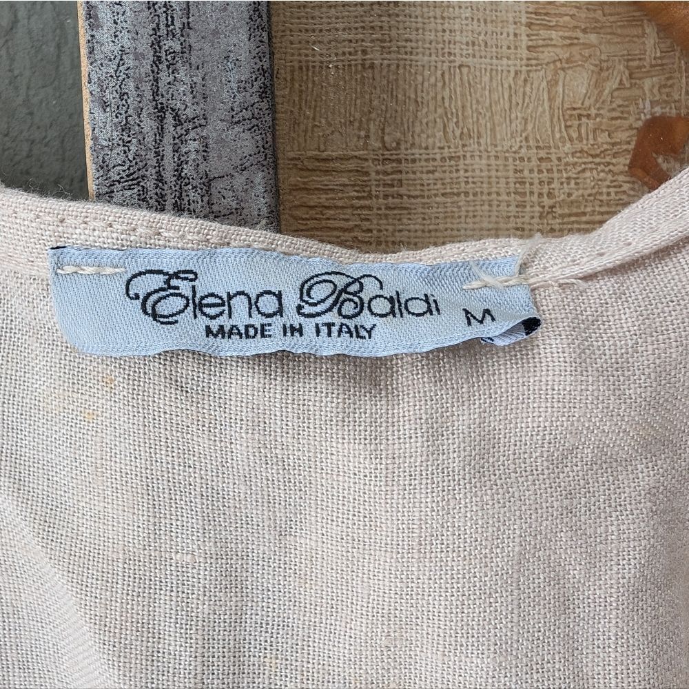 Elena Baldi Beige Linen Embroidered V-Neck Tiered‎ Sleeveless Midi Dress Size M - Picture 6 of 7